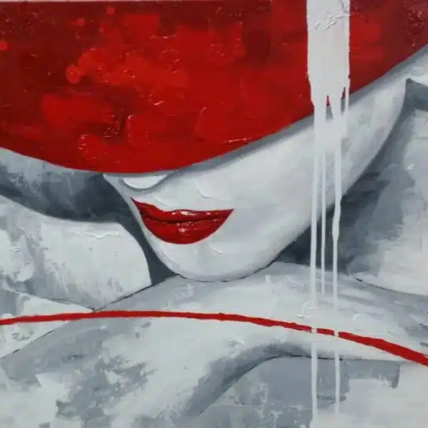Tableau d'une femme aux lèvres rouge, le visage posé sur ses avant bras portant un chapeau rouge cachant ses yeux