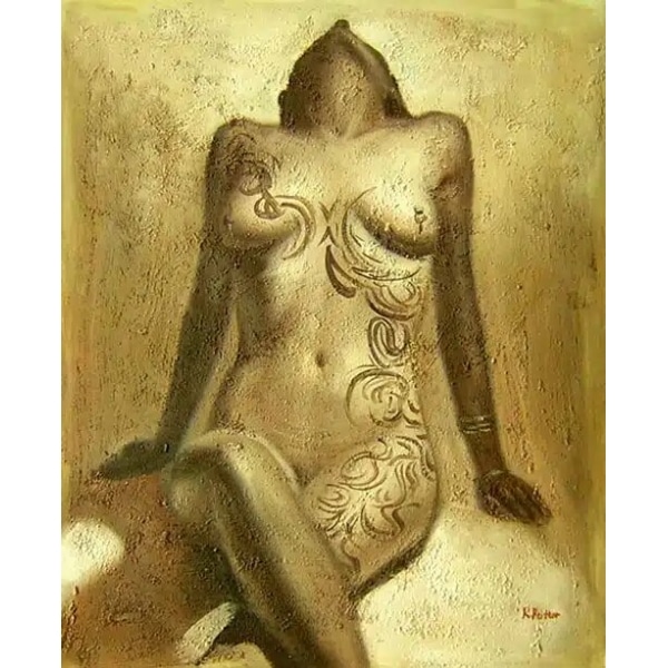 Tableau d'une femme assise tête en arrière, tatoué, jambes croisées dans les couleurs or