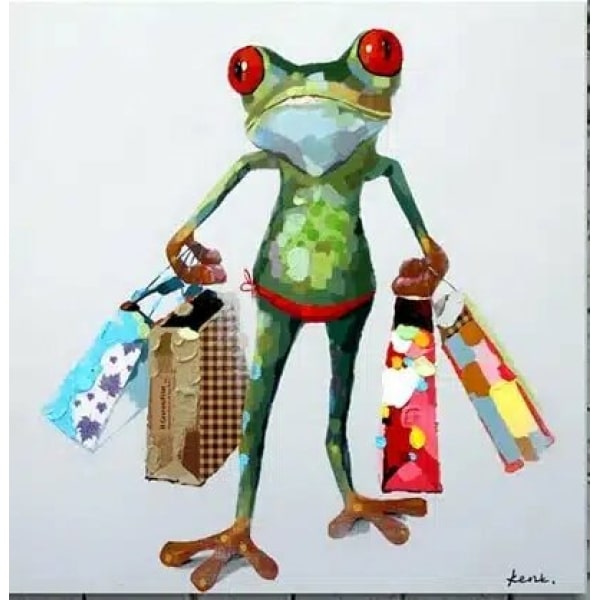Tableau d'une grenouille revenant du shopping avec des sacs des 2 côtés