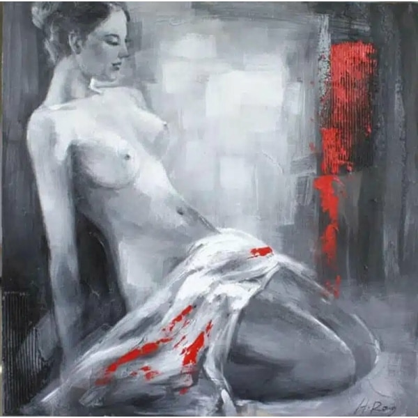 Tableau d'une femme nue à genoux se tenant avec ses mains en arrière avec un drap blanc avec du rouge dessus
