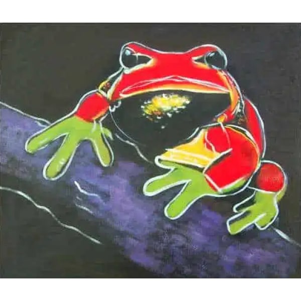 Tableau d'une grenouille rouge, jaune et vert sur une branche d'arbre