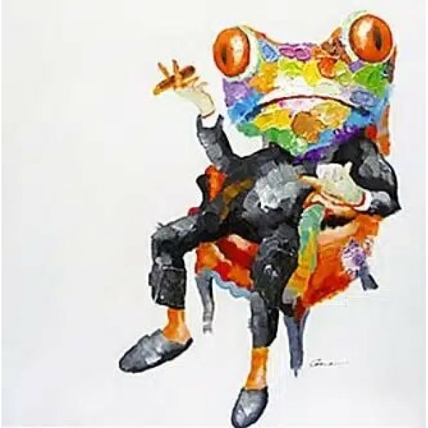 Tableau style pop art d'une grenouille assise dans un fauteuil orange avec un costume noir et un cigare
