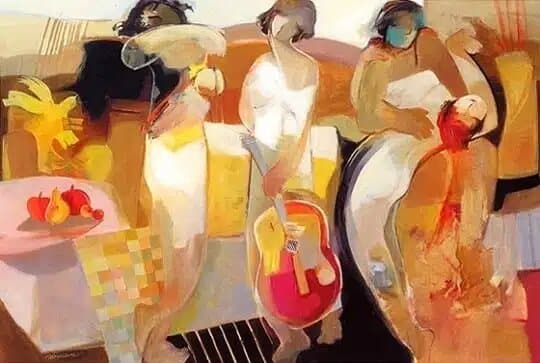 Peinture moderne orange marron musiciens Tableau abstrait d'un groupe de personne assis, une à une guitare, il y a une corbeille de fruits