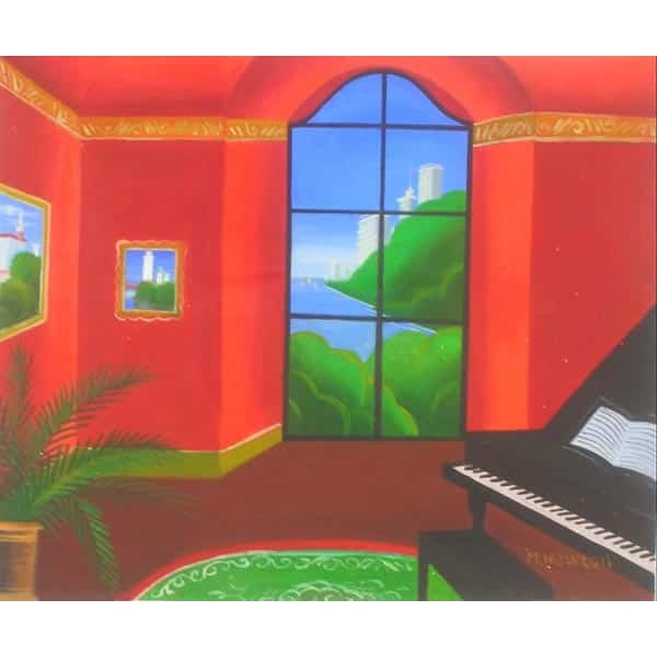 Tableau représentant une pièce de vie avec un piano, un tapis vert, une plante verte sur la gauche, les murs sont rouges avec une grande fenêtre vue sur un jardin et des cadres