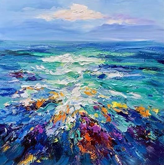 Peinture abstraite mer au couteau Peinture de la mer et le ciel au couteau avec de jolie tonalité de bleu