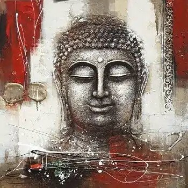 Tableau tête de bouddha sur un fond blanc, rouge