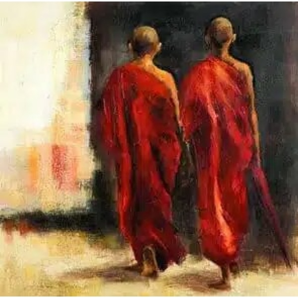 Tableau de 2 moines tibétain habillé d'une robe rouge traditionnel marchant de dos sur un fond noir à droite et beige clair sur la partie gauche