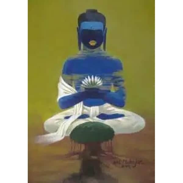 Tableau fond vert d'un bouddha bleu assis en tailleur avec foulard et pantalon blanc portant dans sa main une fleur de lotus et devant lui un petit arbuste