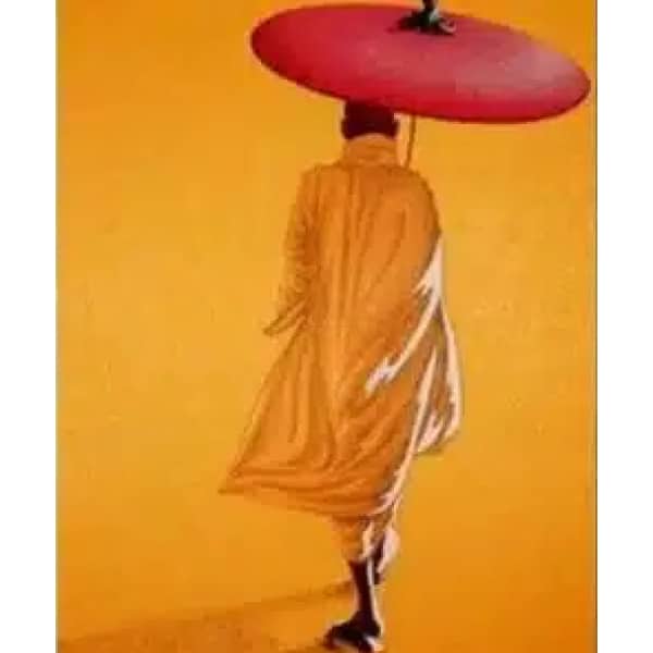 Tableau tons orange chaud avec un moine et son ombrelle marchant de dos