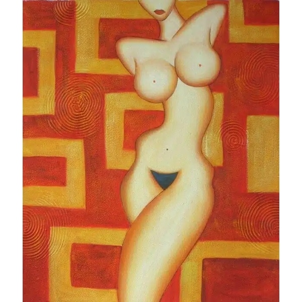 Tableau femme nue sans tête style année 70 colories rouge, jaune, orange