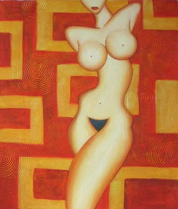 Peinture moderne nu feminin Tableau femme nue sans tête style année 70 colories rouge, jaune, orange