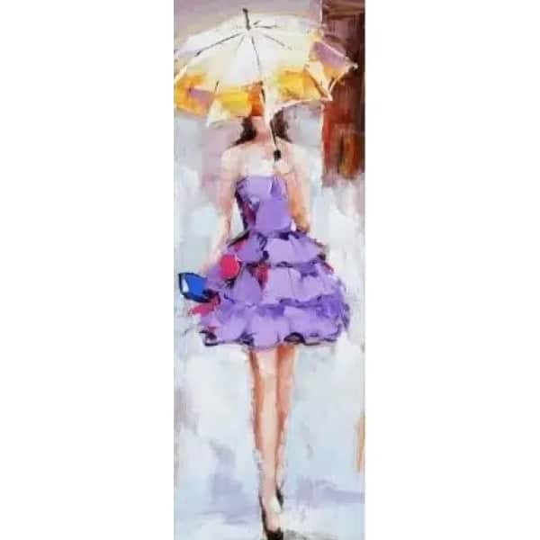 Tableau d'une femme en robe violette à volant avec un parapluie