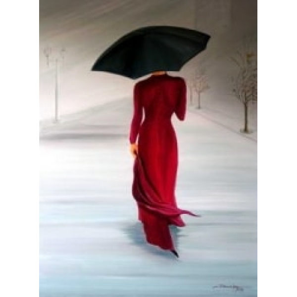 Tableau d'une femme en robe rouge de dos avec un parapluie noir