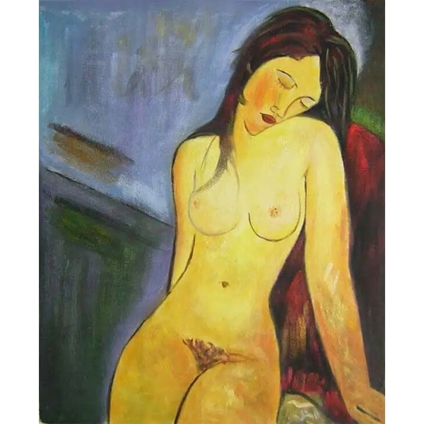Tableau d'une femme nue les cheveux brun sur l'épaule, assise, le corps incliné sur la gauche, la tête posée sur l'épaule gauche