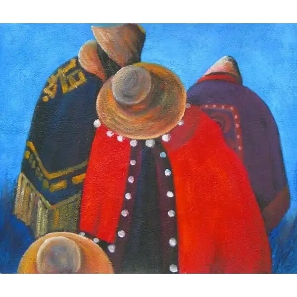 Tableau de 3 personnes avec des chapeaux et tenues péruviennes