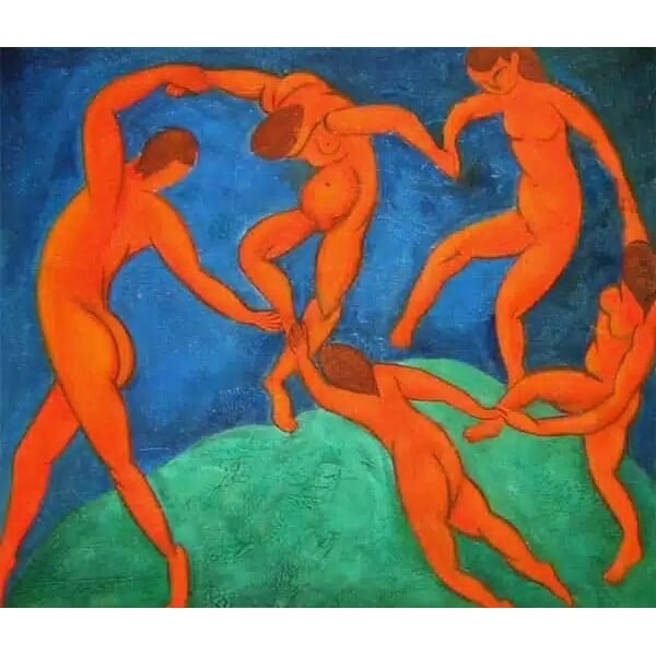 Tableau représentant des personnes nues dansant sur un fond vert et bleu