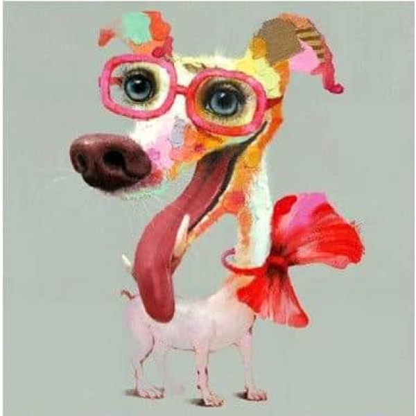 Tableau petit chien rose pop art avec des lunettes et des yeux bleus, un petit nœud rouge autour du cou