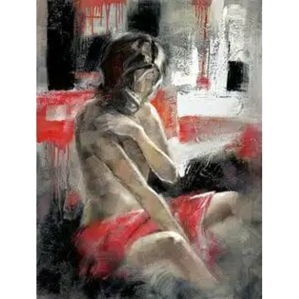 Tableau d'une femme assise le bras sur l'épaule avec un voile rouge sur ses jambes écartées