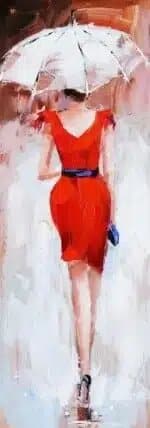 Peinture femme robe rouge sous parapluie blanc Tableau d'une femme en robe rouge de dos avec un parapluie blanc