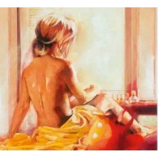 Tableau de dos d'une femme nue face à une fenêtre avec un drap jaune derrière