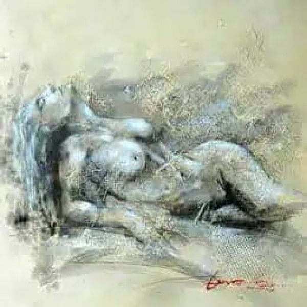Tableau d'une femme nue étendue sur les coudes