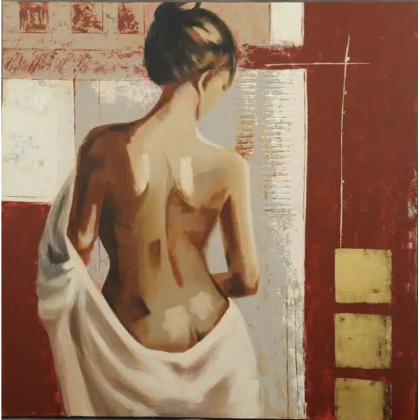 Tableau d'une femme brune cheveux attachés de dos avec une serviette sur les hanches laissant entrevopir le bas de son dos