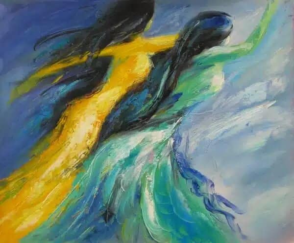 Peinture contemporaine silhouettes femmes Tableau aux tons bleus et jaunes représentant 2 femmes brunes aux longs cheveux avec de longues robes,