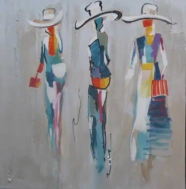 Peinture moderne les girls au chapeau Tableau abstrait de 3 femmes avec des chapeaux