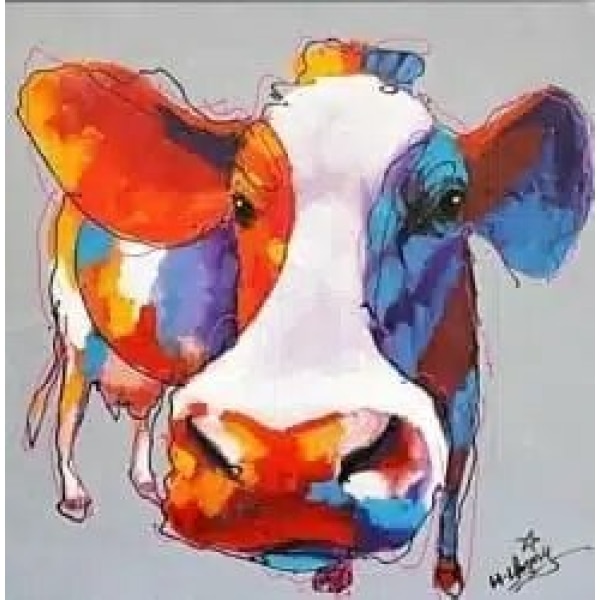 Tableau pop art d'une vache aux couleurs bleu et orange