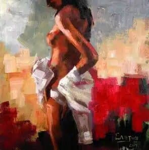 Peinture femme fesses sous un voile Tableau d'une femme nue de dos, buste tourné avec un drap blanc sur les hanches, dans un fond de couleurs rouge, beige, gris