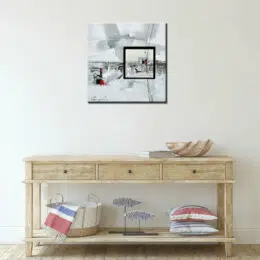 Tableau xxl abstrait gris blanc noir, art-déco, bonne qualité, très original, accrochée sur un mur au-dessus d'une table dans une maison.