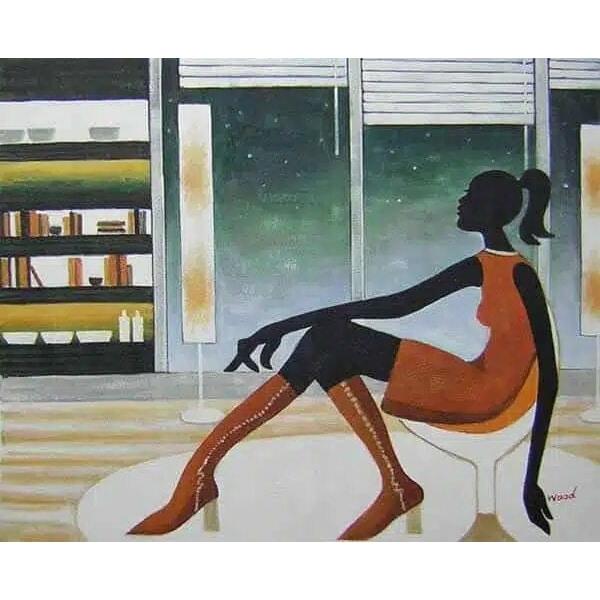 Tableau d'une femme assise dans un décor vintage