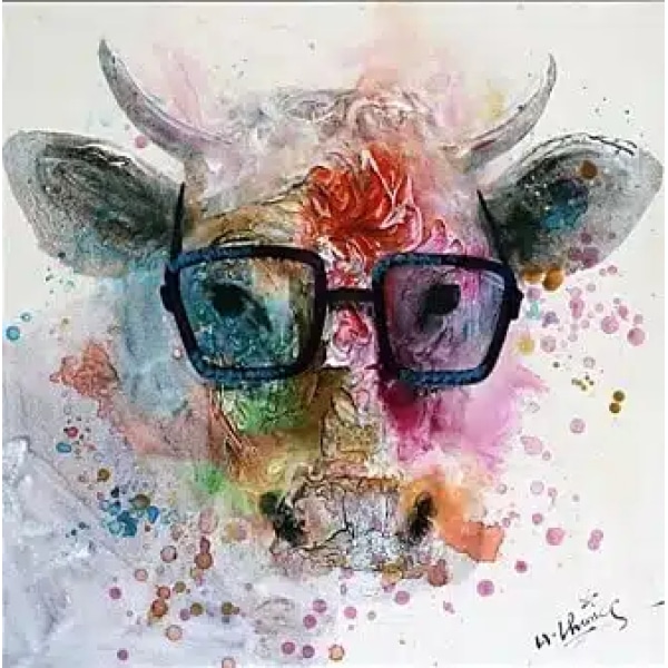Tableau style pop art d'une vache à lunette avec des couleurs multicolore