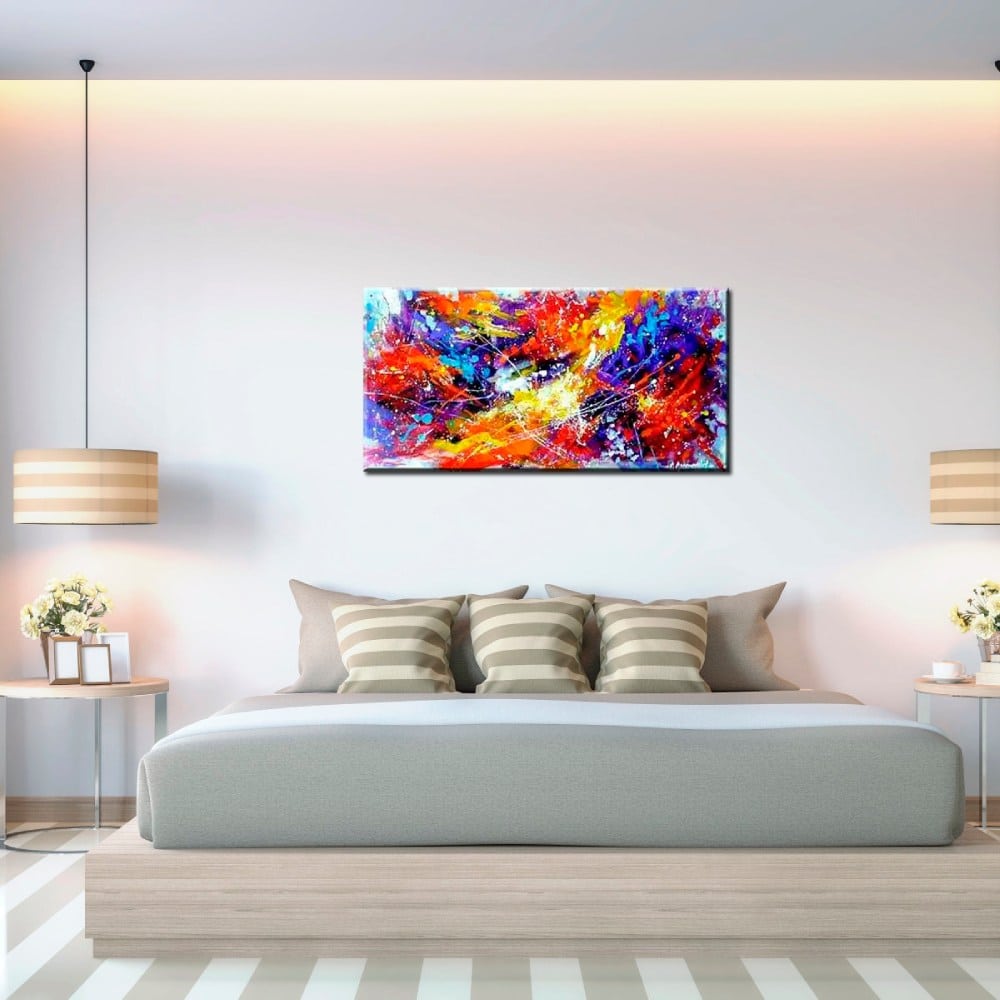 Tableau panoramique abstrait multicolore Tableau panoramique abstrait multicolore. Bonne qualité, très original, accrochée sur un mur au-dessus d'un lit dans une maison