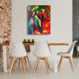 Tableau abstrait de silhouette dans un square aux tons rouge, accroché face à une table en bois appuyé contre un mur en briquette avec 5 chaises blanches aux pieds en bois