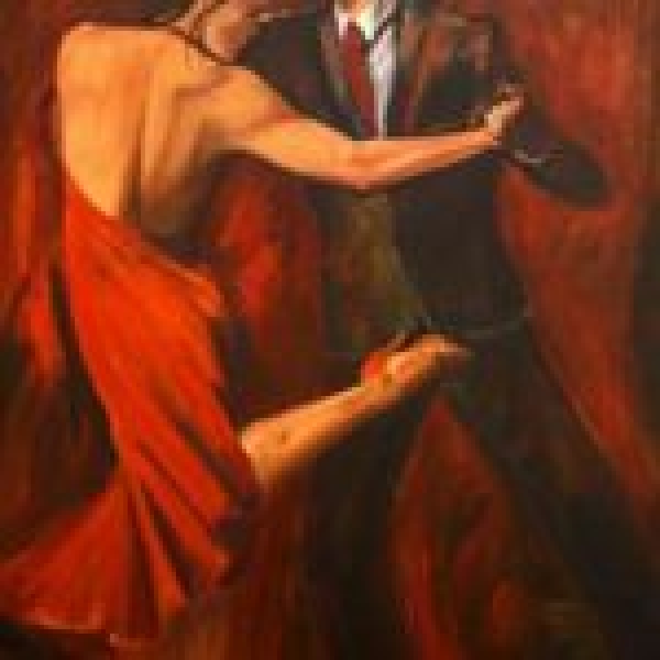 Tableau sur fond bordeaux d'un couple qui danse, la femme porte une robe longue rouge et le monsieur un costume avec cravate rouge