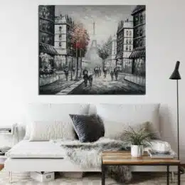 tableaux représentant paris avec la tour effeil dans un salon avec un canape blanc