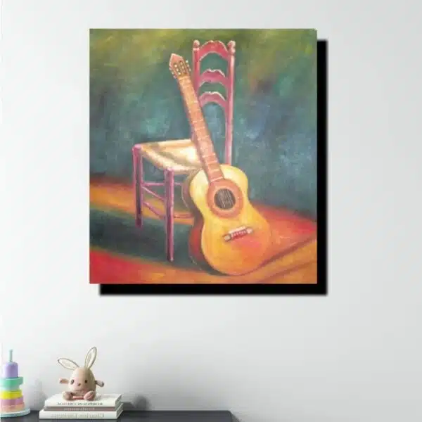 Peinture Huile sur toile chaise avec une guitare à côté dans un jardin