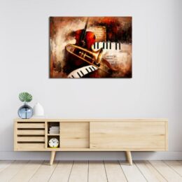 PEINTURE INSTRUMENTS, MUSIQUE, ACCROCHE SUR UN MUR AU-DESSUS D'UNE TABLE DANS UNE MAISON.