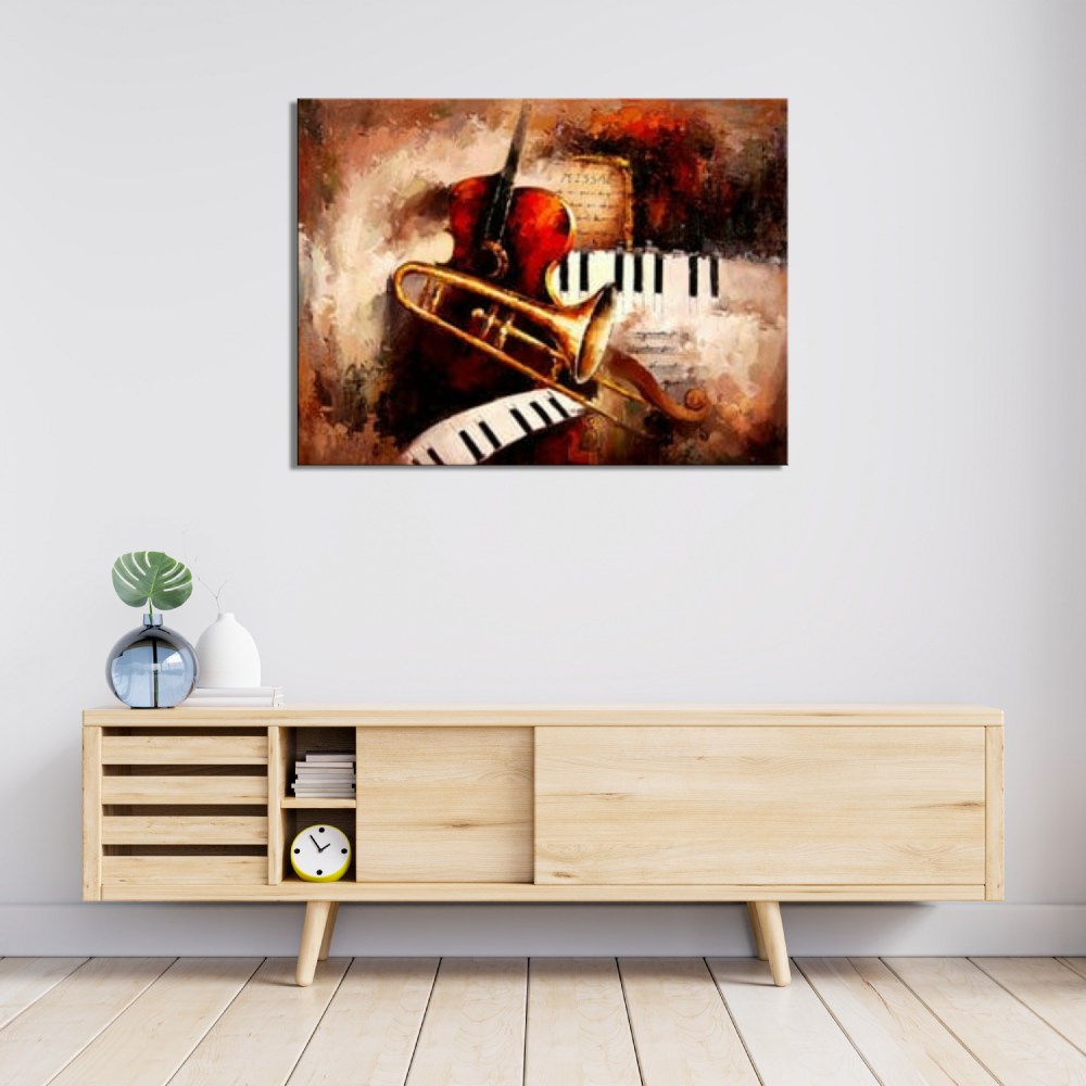 Peinture instruments musique PEINTURE INSTRUMENTS, MUSIQUE, ACCROCHE SUR UN MUR AU-DESSUS D'UNE TABLE DANS UNE MAISON.